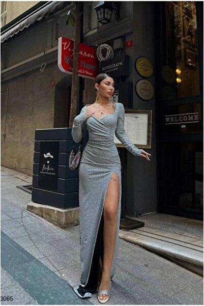 Şeker Portakalım Heart Slit Evening Dress with Collar and Long Sleeves