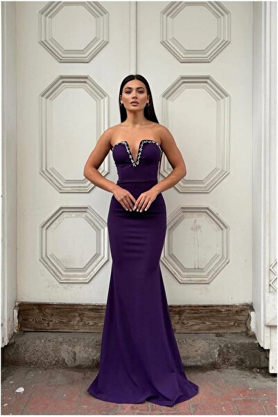 Şeker Portakalım Crepe V Fish Evening Dress Fabric Dress Collar Cut