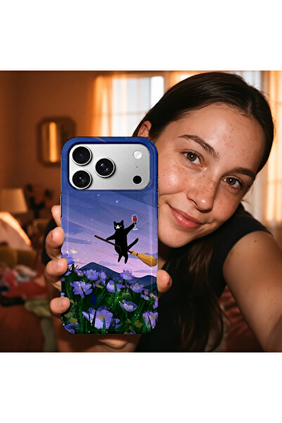 EDELFU iPhone 17 PRO Uyumlu - Uçan Cadı Kedi, Çift Katmanlı Kapak, Parlak Yüzey Koruyucu Kılıf