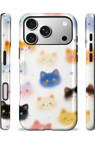 EDELFU iPhone 17 PRO Uyumlu - Renkli Kediler, Çift Katmanlı Kapak, Parlak Yüzey Koruyucu Kılıf