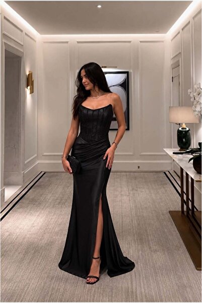 Butik Kadın Trend Straplez Yırtmaçlı Abiye Elbise