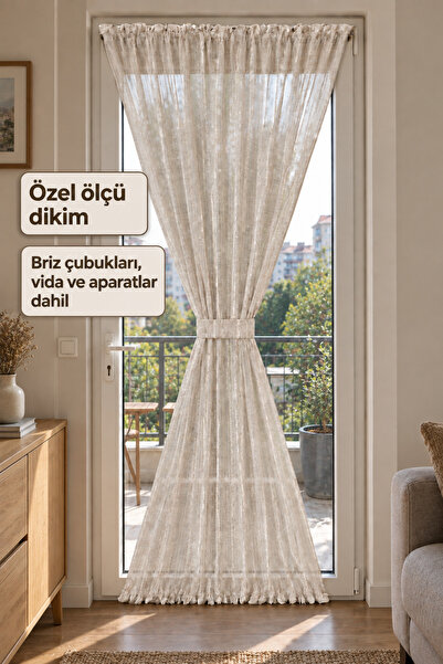 Ayasu Home Briz Perde Şantuk Desenli Tül Çubuklu Kelebek Tül Perde Briz Çubuk...