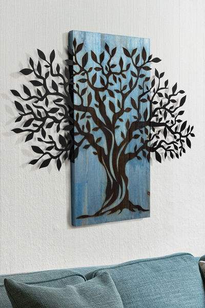 DEKORENZO Salon Duvar Süsü Ağaç Motifli Ahşap Metal 72x57,5 cm Petrol Mavisi