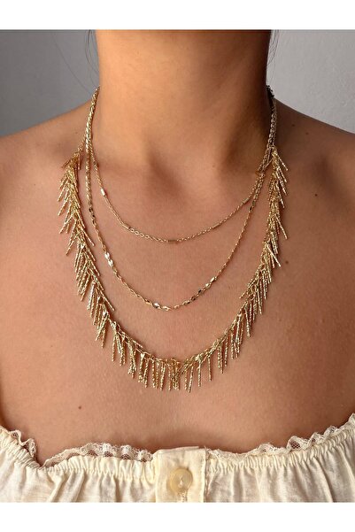 LENORE Çok Katlı Püsküllü Zincir Kolye Gold – Saçak Detaylı Uzun Kadın Kolye
