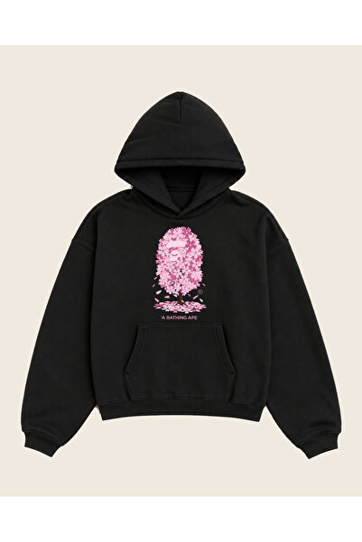 A Bathing Ape Sakura Agaci Baskılı Oversize Hoodie %100 Pamuk 3 İplik Şardonlu Unisex Kapüşonlu Sweatshirt