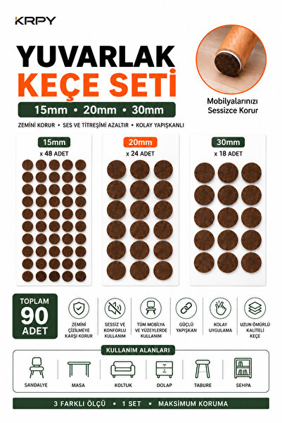 KRPY Yuvarlak Keçe Seti 15mm 20mm 30mm – 90 Adet Mobilya Keçesi, Sandalye Mas...