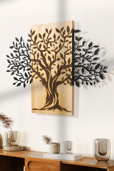 DEKORENZO Hayat Ağacı Metal Duvar Tablosu Ahşap 72x57,5 cm Naturel