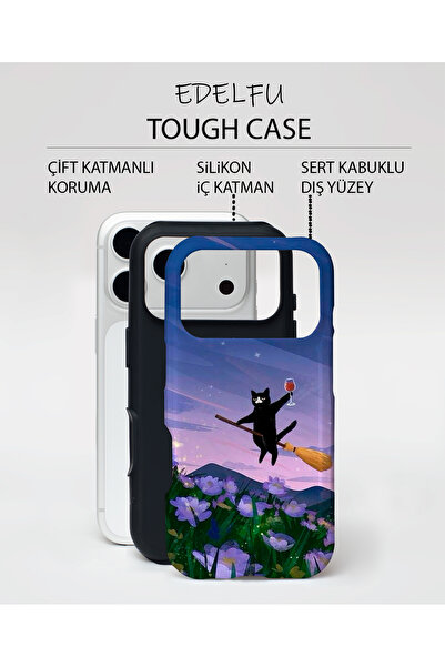 EDELFU iPhone 17 PRO Uyumlu - Uçan Cadı Kedi, Çift Katmanlı Kapak, Parlak Yüzey Koruyucu Kılıf
