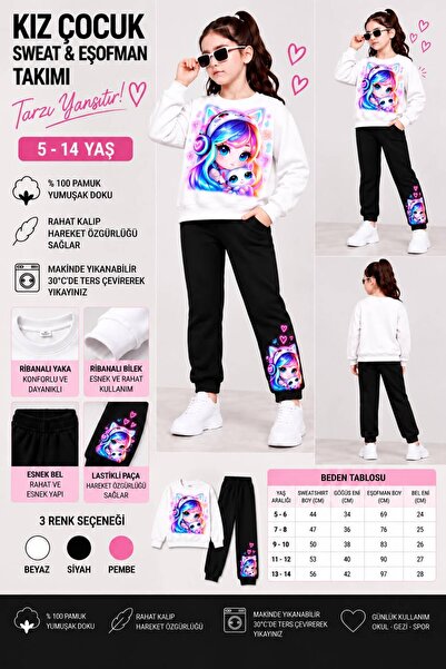 SİBELİZE Girl's Printed Sweatshirt Tracksuit Set 100% Cotton
