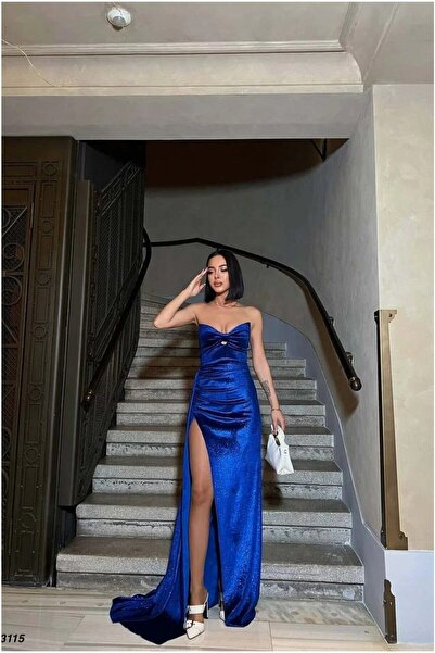 Şeker Portakalım Velvet Slit Maxi Strapless Evening Dress Fabric Dress