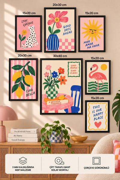 UNT 7'li Çerçeve Görünümlü Modern Tablo Seti | Retro & Pop Art | Salon, Ofis,...
