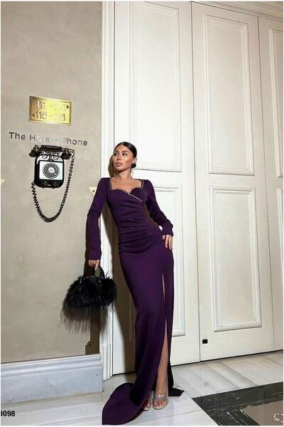 Şeker Portakalım Scuba Evening Dress Stretchy Fabric Dress with Collar Double...