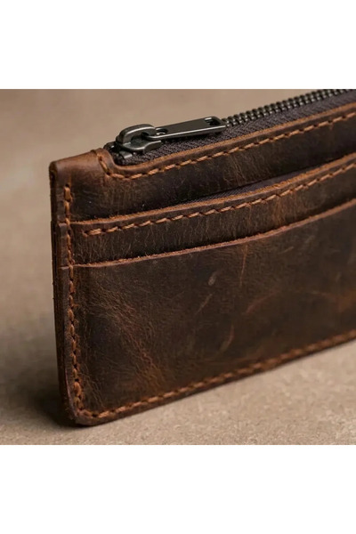 Generic Brand 100% Genuine Leather Tan / Vintage / Black Zippered Mini Wallet Slim Handmade Unisex Card Holder 12 X 9 cm