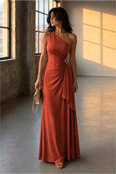 Butik Kadın Modern Stil Tek Omuz Kemerli Maxi Abiye Elbise