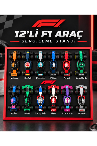 12’li F1 Araç Sergileme Standı – Formula 1 Yarış Arabası Model Araç Standı – Masaüstü Raf ve Gamer Odası Dekoru