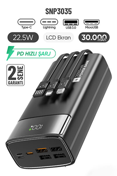 Feny SNP-3035 30.000 Mah PD 22.5W Hızlı Şarj Dahili Kablolu Powerbank Taşınab...
