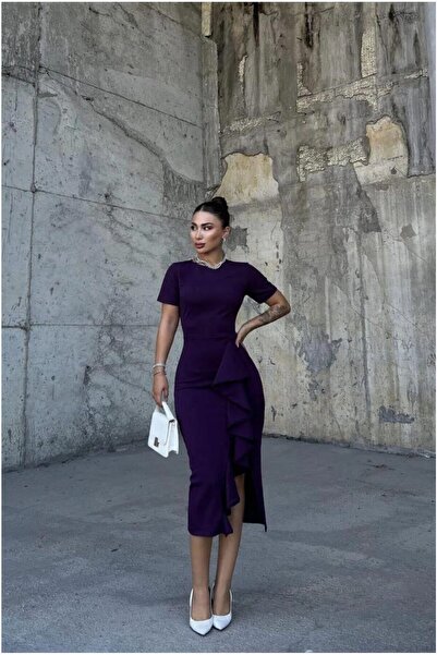 Şeker Portakalım Crepe Slit Bicycle Evening Dress Fabric Dress Collar