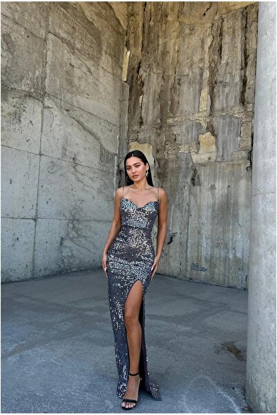 Şeker Portakalım Velvet Sequined V Evening Dress with Straps Fabric Dress Collar
