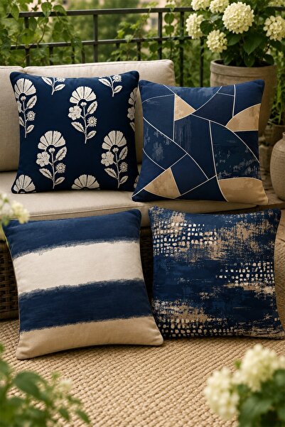EVPANYA Navy Blue Floral Patterned 4-Piece Throw Pillow Cover Set