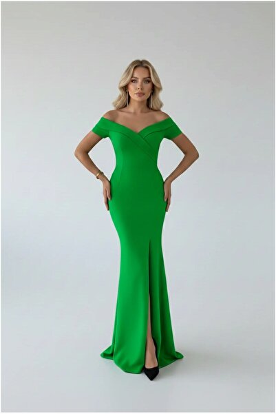 Şeker Portakalım Women's Maxi Detail Boat Neck Evening Dress Short Slit Fabri...