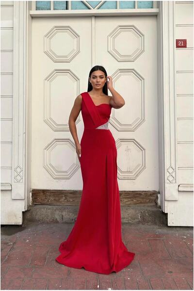 Şeker Portakalım Single Detailed Evening Dress with Stone Shoulder Detail