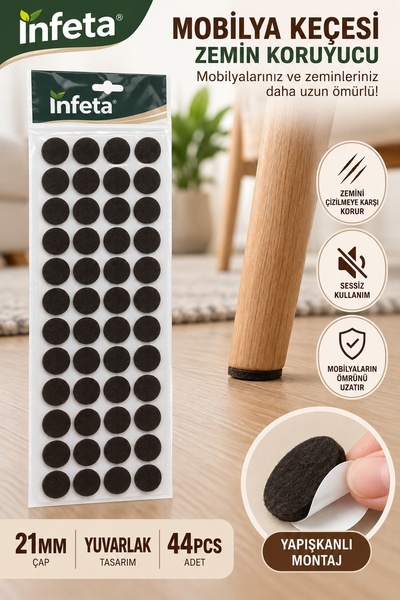 İnfeta 21 mm Yuvarlak 44 Adet Yapışkanlı Mobilya Keçesi Zemin Koruyucu Kahver...