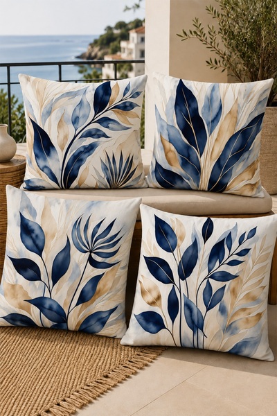 EVPANYA Navy Blue Leaves Patterned 4-Piece Throw Pillow Cover Set