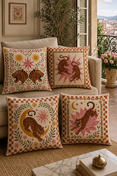 EVPANYA Wild Bohemian Tiger Patterned 4-Piece Throw Pillow Cover Set