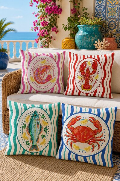 EVPANYA Colorful Sea Creatures Patterned 4-Piece Throw Pillow Cover Set