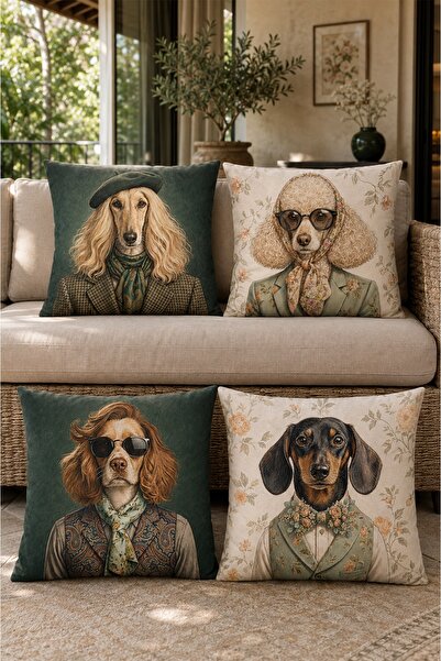 EVPANYA Modern Dog Family Patterned 4-Piece Throw Pillow Cover Set