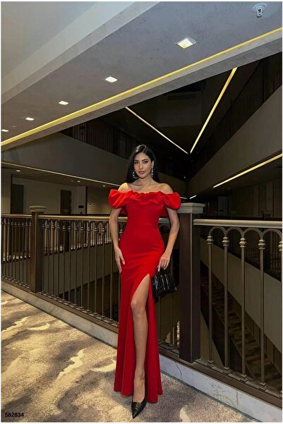 Şeker Portakalım Square Slit Evening Dress Short Dress with Collar and Sleeves
