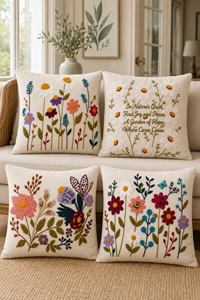 EVPANYA Embroidered Flowers Patterned 4-Piece Throw Pillow Cover Set