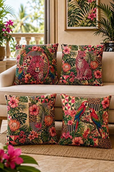 EVPANYA Pink Leopard and Parrots Patterned 4-Piece Throw Pillow Cover Set