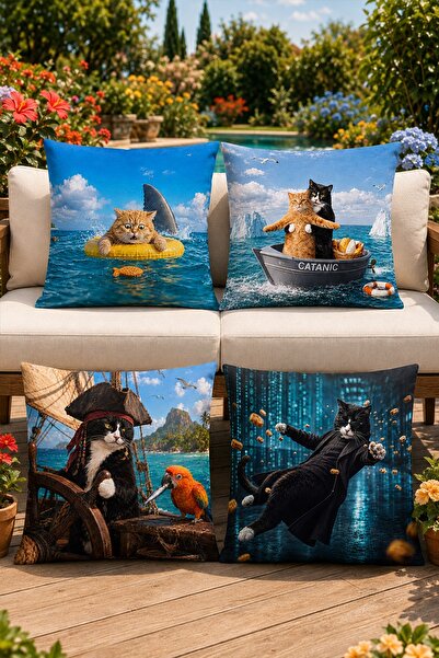 EVPANYA Adventurous Cats Patterned 4-Piece Throw Pillow Cover Set