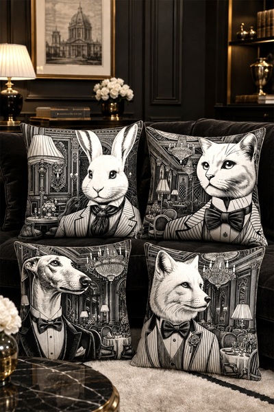 EVPANYA Gentleman Gray Dog, Rabbit, Cat, Fox Patterned 4-Piece Throw Pillow C...