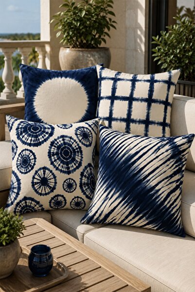EVPANYA Indigo Blue Icons Patterned 4-Piece Throw Pillow Cover Set