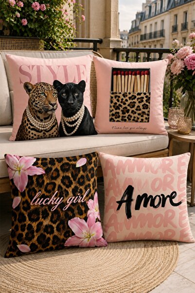 EVPANYA Kokoş Leopard and Puma Patterned 4-Piece Throw Pillow Cover Set