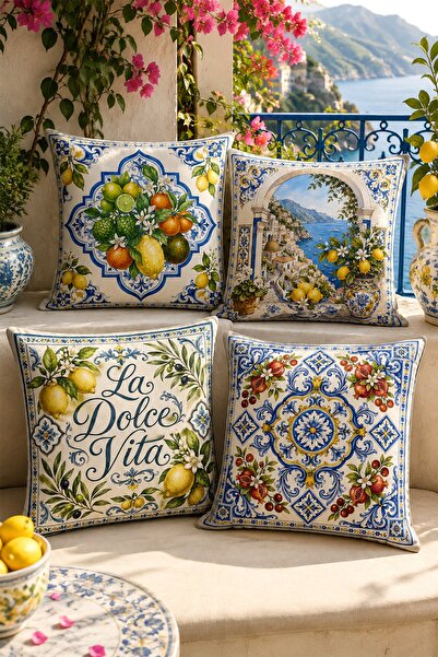 EVPANYA Green Lemon and Pomegranate Patterned 4-Piece Throw Pillow Cover Set