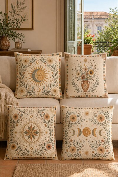 EVPANYA Bohemian Sun, Flowers, Moon Patterned 4-Piece Throw Pillow Cover Set