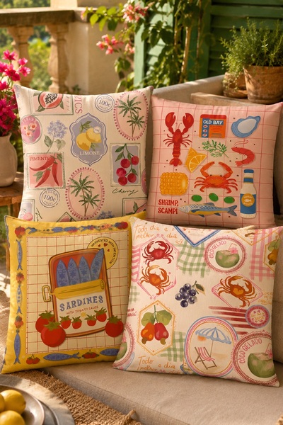 EVPANYA Shrimp and Crab Patterned 4-Piece Throw Pillow Cover Set
