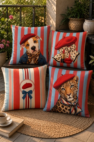 EVPANYA 4-Piece Throw Pillow Cover Set with Hat-Wearing Dog and Leopard Pattern
