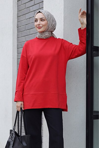 Modamorfo Crew Neck Slit Oversize Combed Cotton Tunic -Red