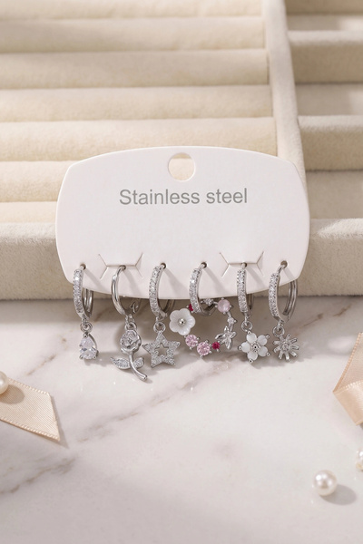 Lovesta Home 316L Steel Silver Color Flower Detailed Women's Earring Set Tj-B...