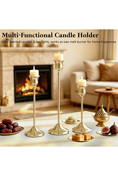 Home Zone Light Gold Candlestick Set of 3, Assorted Sizes for Anniversary Table