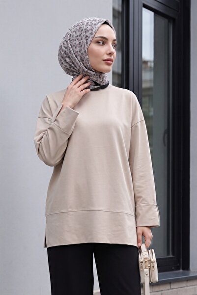 Modamorfo Crew Neck Slit Oversize Combed Cotton Tunic - Mink
