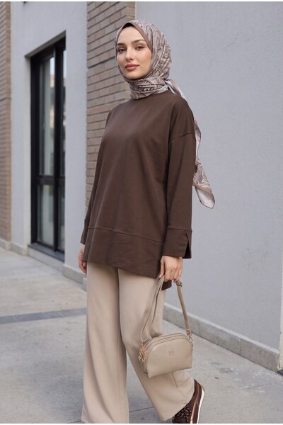 Modamorfo Bisiklet Yaka Yırtmaçlı Oversize Penye Tunik -koyu Kahverengi