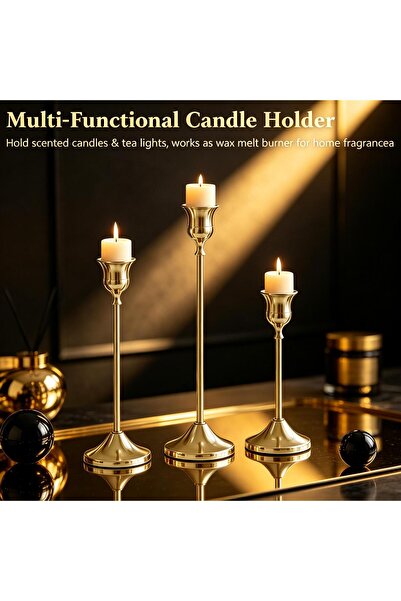 ALMASA Light Gold Candle Holder for Table, Set of 3 Sizes for Romantic Dinner