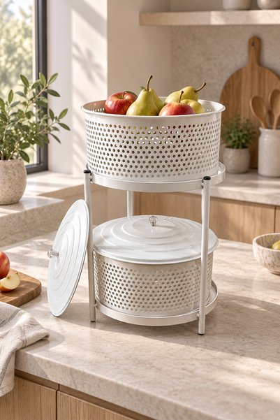 Simply Now 2 Katlı Kapaklı Metal Sebzelik Meyvelik Patates Soğan Sepeti- Beyaz