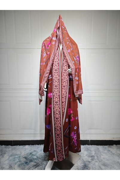 Noon Noora Printed Open Abaya with Hijab