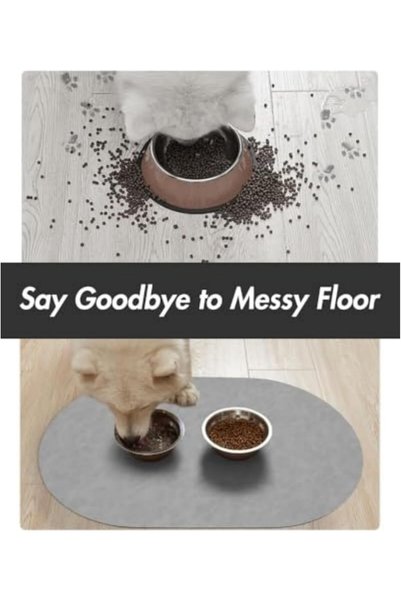 Gonice Pet food mat, gray, oval shape, rubber back, non-slip, leak-proof, 61 cm x 41 cm